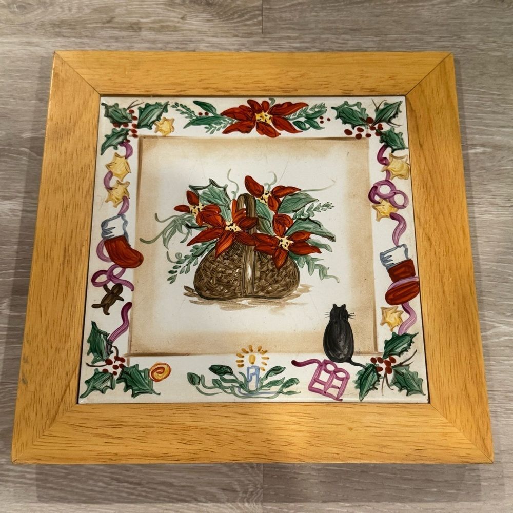 Hand Painted Christmas Floral Scene w Cat Glass Tile Framed in Wood Wall Decor